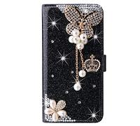 BLOTECH Custodia in pelle PU flip lucida per Honor X8A, custodia portafoglio Glitter per Honor X8A, custodia Bling, pelle nera fatta a mano 3D Butterfly Flip Wallet, Kickstand, ID Card Holder