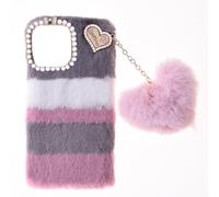 BLOTECH Custodia per Oukitel C69 Fluffy Phone Cover Peluche Morbido Peloso Ciondolo Love Inverno Soffice Caldo Hairball Protettiva Fluffy Cover Bambine Copertura Caso,Nero di giunzione