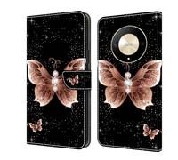 BLOTECH Flip Caso in Pelle Portafoglio Case for Honor Magic 6 Lite Custodia Magnetic Buckle 3D Brillantini Glitters in Pelle PU Portafoglio con Interno Soft Protettiva,Rose gold butterfly