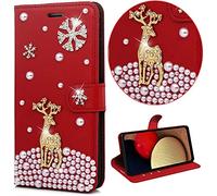 BLOTECH Natale Portafoglio per Samsung Galaxy A15 Glitter Custodia Pelle 3D Lovely Elk Wallet Flip Cover Rosso PU Brillantini Strass Perla Cristallo Carta Slot Lady Girl Phone Case per Galaxy A15