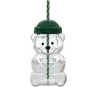 bloutnetord 2026 Bear Straw Cup: una simpatica tazza in vetro con cannuccia, riutilizzabile, con coperchio, perfetta for caffè freddo, tè al latte, cocktail e tutti i tipi di bevande.(Green)