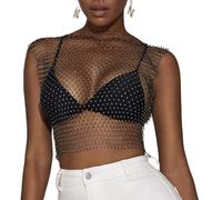 BLPRKOT Top trasparente in rete con strass, Top con catena per il corpo in rete con strass lucidi per donna Top corto in bikini lucido per festival in discoteca