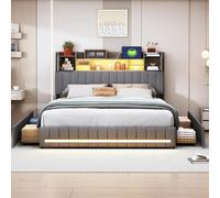 BLSYHDH Letto baule 140 x 190 con LED, letto imbottito con 4 cassetti Letto, doppia porta di ricarica USB da comodino, letto imbottito con cassettone, letto 2 persone LED (grigio+lino-A, 140 x 190)