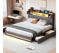 BLSYHDH Letto baule 140 x 200 con LED, letto imbottito con 4 cassetti Letto, doppia porta di ricarica USB da comodino, letto imbottito con cassettone, letto 2 persone LED (grigio+lino-A, 140 x 200)