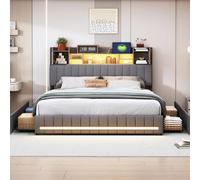 BLSYHDH Letto baule 160 x 200 con LED, letto imbottito con 4 cassetti Letto, doppia porta di ricarica USB da comodino, letto imbottito con cassettone, letto 2 persone LED (grigio+lino-A, 160 x 200)