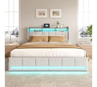 BLSYHDH Letto baule 160 x 200 con LED, letto imbottito con cassettone letto matrimoniale con LED e 4 cassetti letto baule con testa e rete a doghe (beige+lino, 160 x 200)