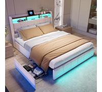 BLSYHDH Letto con Contenitore 180x200 con LED, Letto Imbottito con Contenitore Doppio con LED e 4 Cassetti, Letto con Testiera e Rete a Doghe (Beige+Lin, 180x200)