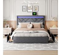 BLSYHDH - Letto con vano bagagli e testiera imbottita a LED, doppio contenitore e baule per 2 persone (grigio scuro+lino, 160 x 200)