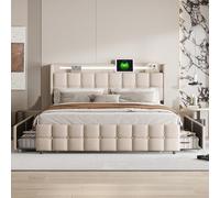 BLSYHDH Letto matrimoniale cassettone a LED, letto cassettiera 160 x 200 cm, in legno, letto imbottito con 4 cassetti, letto matrimoniale imbottito con rete a doghe e testata per letto matrimoniale