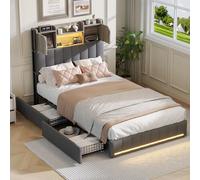 BLSYHDH Telaio Letto 90x200, Letto Singolo, Letto Contenitore con LED, Letto Imbottito con 2 Cassetti, Letto Trapuntato con USB e Type-C, Letti per Singolo, Letto Matrimoniale Imbottito, Letti per