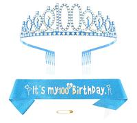 Blu 100° compleanno Tiara Sash per ragazze Principessa Corona Cristallo Regina Tiara Compleanno Fasce Buon Compleanno Decorazioni di Compleanno Sash Tiara Kit Ragazza Compleanno Abbigliamento