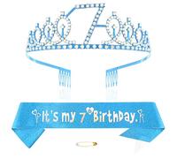 Blu 7° compleanno Tiara Sash per ragazze Principessa Corona Cristallo Regina Tiara Compleanno Fasce Buon Compleanno Decorazioni di Compleanno Sash Tiara Kit Ragazza Compleanno Abbigliamento Accessori