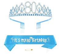 Blu 80° compleanno Tiara Sash per ragazze Principessa Corona Cristallo Regina Tiara Compleanno Fasce Buon Compleanno Decorazioni di Compleanno Sash Tiara Kit Ragazza Compleanno Abbigliamento Accessori
