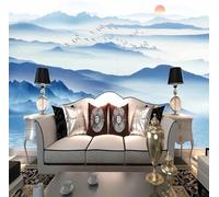 Blu Acquerellato Paesaggio Uccelli In Volo Alba 3D Carta Da Parati Facile Installare Mobili Sfondi Ufficio Divano Camera Letto Sfondo Decorazione Murale-430cm×300cm