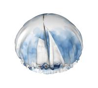 Blu Barca a vela 1 Stampa Doppio Strato Impermeabile Cuffia Da Doccia Donne Uomini Riutilizzabile Bagno Capelli Caps Fascia Elastica