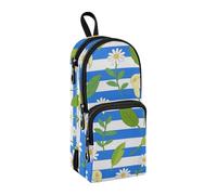 Blu Bianco A Righe Calla Lily Daisy Flower Nylon 3 Scomparti Grande Cerniera Astuccio Grande Capacità Astuccio Per Ragazze Adolescenti Cancelleria Organizzatore per Adulti Scuola Preppy 1600ml