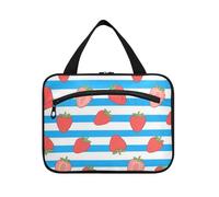 Blu Bianco A Righe Frutta Fragola Appeso Viaggio Trucco Borsa con Gancio, Designer Essentials Kit Bag per Accessori Da Viaggio Bagno bolso de Mano para Hombre L