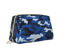Blu Camo Print Leather Portable Zipper Makeup Bag Cosmetic Pouch Travel Organizer Toiletry Clutch