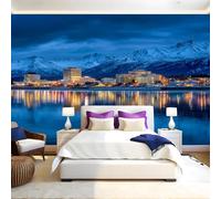 Blu Carta da parati Città sotto le montagne innevate Fotomurali Murale 300x210 cm TNT Decorazione da Muro Poster Gigante Carta per Pareti Soggiorno Camera da Letto Sala TV Divano