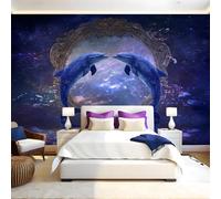 Blu Carta da Parati Delfini che si prendono cura dell'oceano Fotomurali Effetto 3D Poster 450 x 315 cm Murale Poster Moderna Decor per Camera da letto Camera dei Bambini Soggiorno