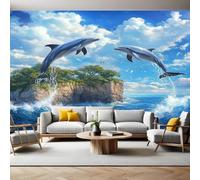Blu Carta da Parati Fotografica Due delfini nel mare Poster Giganti da Parete 400 x 280 cm Soggiorno Divano TV Hotel a Tema Corridoio di Lusso Sfondo Dipinto Murale