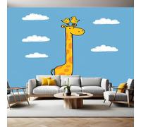 Blu Carta da Parati Fotografica Giraffa e uccelli dei cartoni animati 350x250 cm Fotomurali Poster Giganti TNT Murale Art Sfondo Moderne Decorazione Soggiorno Camera de Letto Sala Ufficio