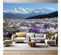 Blu Carta da Parati Fotografica Montagne innevate e fiori Poster Giganti da Parete 400 x 280 cm Soggiorno Divano TV Hotel a Tema Corridoio di Lusso Sfondo Dipinto Murale