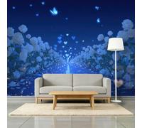 Blu Ceruleo Carta da Parati Panoramica 400 x 280 H cm, Sognatore Botanico Rosa Cuore Percorso Farfalla Poster murale Blu Carta da Parati 3D Murale per Soggiorno Camera dei Bambini Sala da Gioco Murale