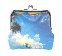 Blu cielo e mare giallo sabbia spiaggia con pochi alberi di cocco verde in pelle PU piccolo portamonete comodo organizer per gioielli per le donne