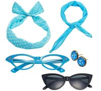 (Blu) Confezione da 5 accessori Rockabilly anni '50 con fascia a pois, orecchini e sciarpa