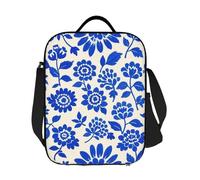 Blu e Bianco Rustico French Country Print Grande Borsa termica per il pranzo riutilizzabile a prova di perdite Lunch Box Cooler Tote Bag con tracolla regolabile Trasportatore di cibo per donne uomini
