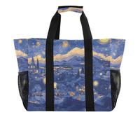 Blu e Giallo Pittura A Olio Cielo Stellato Tote Utility Bag Pieghevole Con Scomparti con Manici Beach Tote, Blu e giallo pittura ad olio cielo stellato, 1 size, Moda