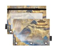 Blu e Oro Fantasia Paesaggio 3 Anelli Matite Pouch con Finestra Trasparente Astuccio con Cerniera con Cerniera Occhielli Rinforzati Tasche Cartelle per 3 per Scuola, Ufficio e Casa Multicolore 2 PZ