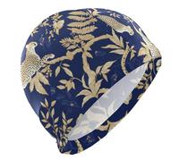 Blu e Oro Leopard Foglie di balneazione per Unisex Adulti Capelli Corti cuffie da nuoto impermeabili per le donne nuoto Protezione dei capelli e riduzione della resistenza gorro para natacion mujer