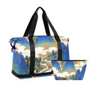 Blu e Oro Paesaggio Cinese Duffel Bag Palestra Sport Carry con Borsa da toilette per Trekking Set 2 Pz, Paesaggio cinese blu e oro, 1 size