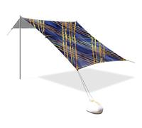 Blu e oro Plaid Linee Geometriche Progettato UPF50+ Tenda da spiaggia e baldacchino Impermeabile Portatile Sole Shelter con sacchi di sabbia, Pala di sabbia, Pali per Famiglia Travel carpas para Playa