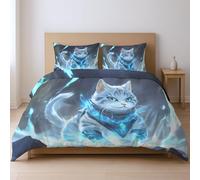 Blu Elementi Magici - Gatto Fantasy CopriPiumino Microfibra Set Di Piumoni Con Cerniera Adatto Ai Giovani 200 x 200cm Set Da Tre Pezzi