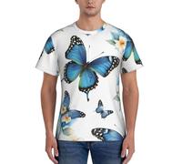 Blu Farfalla Su Fiore Stampa Uomo Classico Manica Corta T-Shirt Traspirante Estate Casual Allenamento Fitness Abbigliamento, Nero , XXL