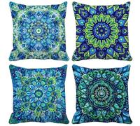 Blu Federe Cuscini Divano 65x65 Cuscini da Esterno Impermeabili Lino Set di 4 Fiore Cushion Covers per Camera da Letto Soggiorno Divano Primavera Estate Esterno Giardino Panca Decorativi Regalo d5-6