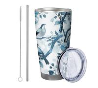 Blu Floreale Bicchiere Set Di 1 Botanico Uccello Acquerello Albero Foglie Bellissimo Fiore Cottage Aqua blue Acciaio Lattina Raffreddatore Infrangibile Viaggio Piscina All'aperto Con Coperchio tazza