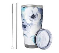 Blu floreale con coperchio bicchiere Set di 1 bel lavaggio e inchiostro botanico estetico fiore artistico blu bianco isolato metallo può raffreddamento No Spill scuola college asilo nido senza stelo