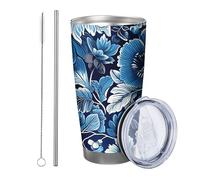 Blu floreale con coperchio bicchiere Set di 1 Boemia Astratto Fiore Bella Botanica Foglie Cottage Blu Scuro Isolato Can Cooler No Spill Yard Outdoor Picnic Palestra Con Coperchio Tazza da 590 ml