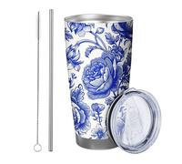 Blu Floreale con coperchio bicchiere Set di 1 Incisione Bellissimo Fiore Botanico Pianta Foglie Stile Cinese Blu Isolato Metallo Can Cooler No Spill Scuola College Asilo Senza stelo Doppia Parete 59