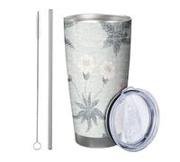 Blu Floreale con coperchio bicchiere Set Di 1 Vintage Fare Vecchie Foglie Fiore Estetica Artistica Pianta grigio blu Acciaio Metallo Caldo E Freddo No Spill Ufficio Outdoor Club Dormitorio Caffè bere