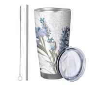 Blu Floreale con coperchio e bicchiere di paglia Pittura a mano Pianta Foglie Fiore Astratto Lavanda Boemia verde blu Isolato Can Cooler No Spill Yard Outdoor Picnic palestra Con Coperchio tazza da