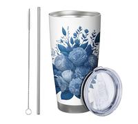 Blu Floreale con coperchio e cannuccia Bicchiere Bella Fiore Foglie Estetiche Artistiche Pianta botanica Blu Metallo Isolato Can Cooler No Spill Yard Outdoor Picnic Palestra Con Coperchio Tazza da 590