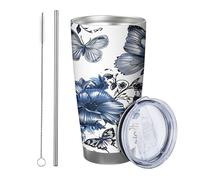 Blu floreale con coperchio e cannuccia bicchiere dipinto a mano farfalla bellissimo motivo floreale foglie botaniche blu isolato metallo lattina raffreddamento No Spill scuola college asilo nido senza