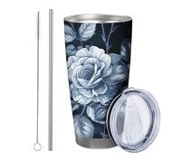 Blu Floreale con coperchio e cannuccia bicchiere Pianta Bella Foglie di fiore Artistico Estetica Abbastanza Blu Scuro Isolato Can Cooler No Spill Yard Outdoor Picnic Palestra Con Coperchio Tazza da