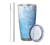 Blu floreale con coperchio e cannuccia - Dipinto a mano - Bellissimo fiore estetico - Foglie botaniche - azzurro - isotermica - in metallo - refrigeratore per lattine - senza piede - doppia parete