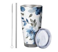Blu floreale con coperchio e cannuccia, pittura a inchiostro, grazioso fiore artistico botanico, foglie blu, verde scuro, in metallo, refrigeratore per lattine senza fuoriuscite